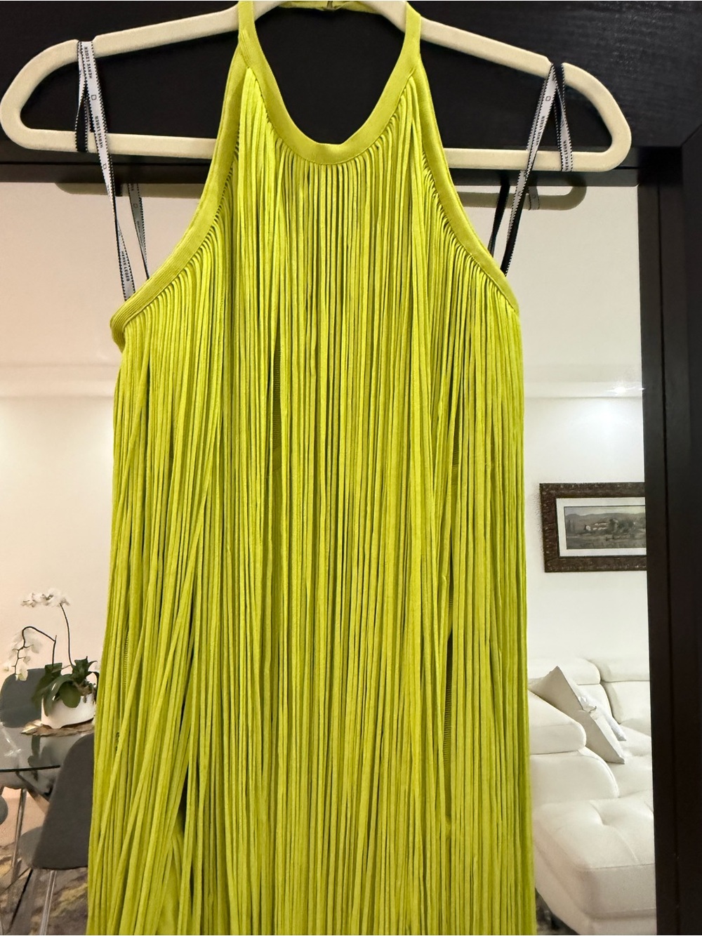 New Herve Leger Neon Lime Fringe Halter Midi Dress - Picture 7 of 12